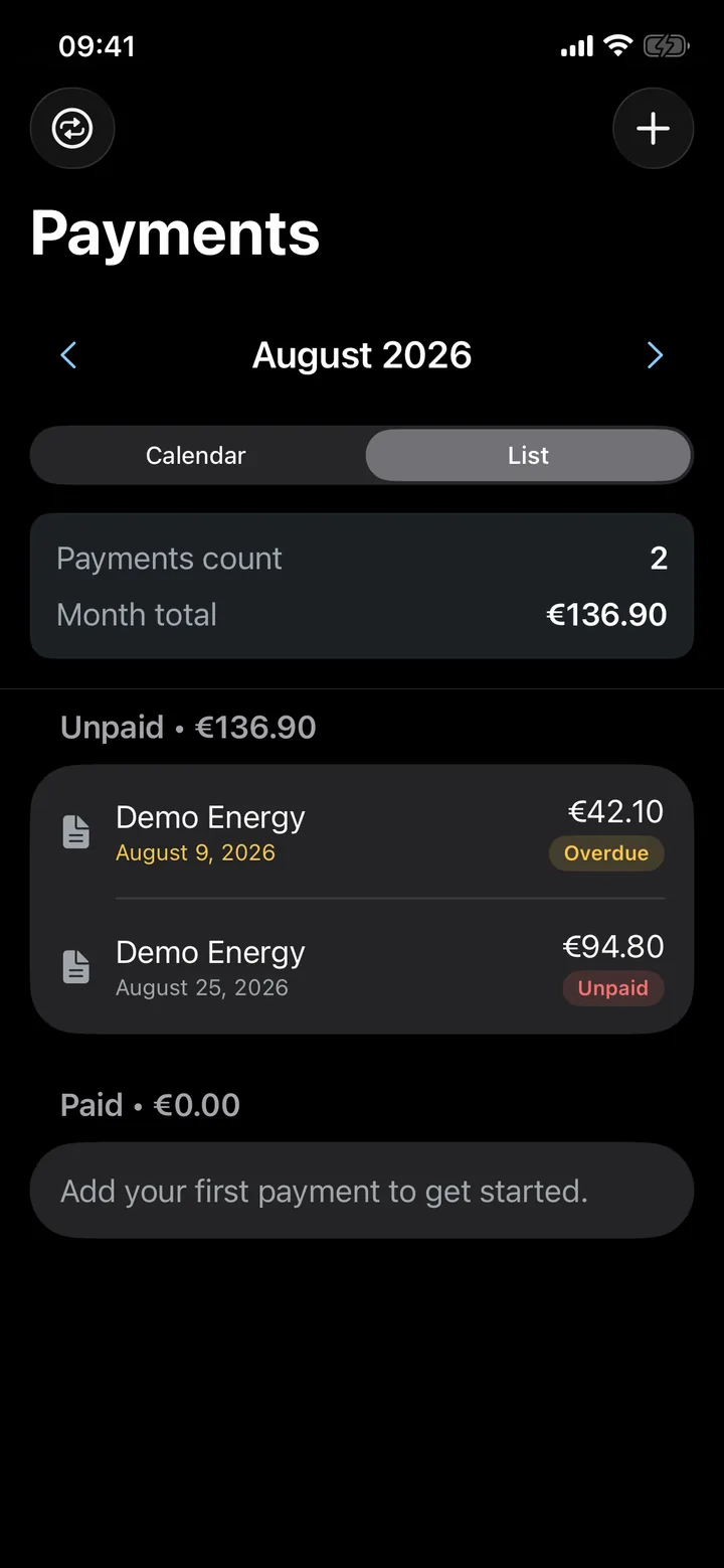 The month's bills in dark mode.