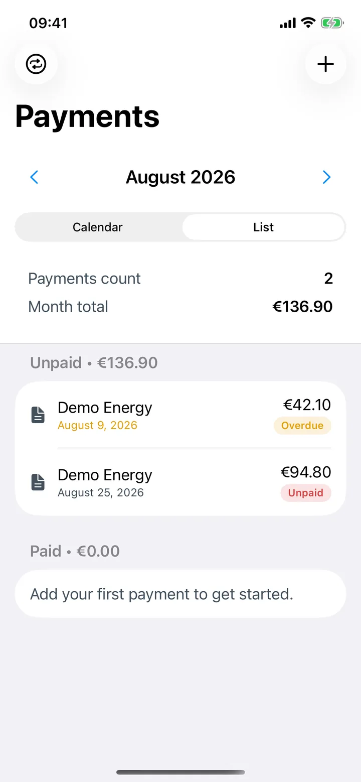 Bills screen: the month's payments, one overdue and one still to pay.