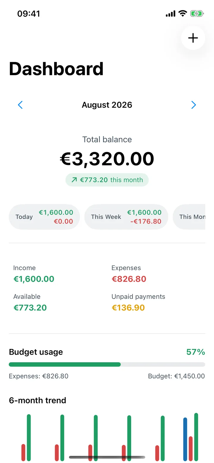 Bolso Dashboard screen: total balance, income, expenses, bills due and budget usage for the month.