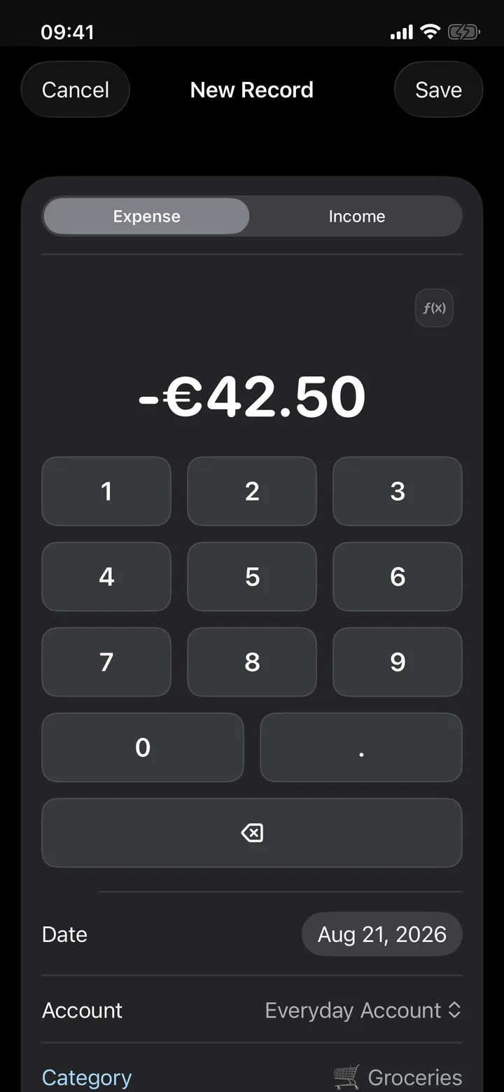 New Entry screen in dark mode, with the keypad.