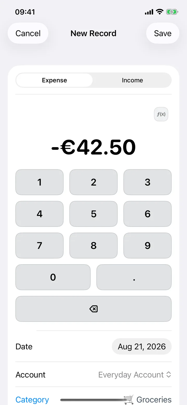 New Entry screen: a keypad for logging a €42.50 expense, with date, account and category.