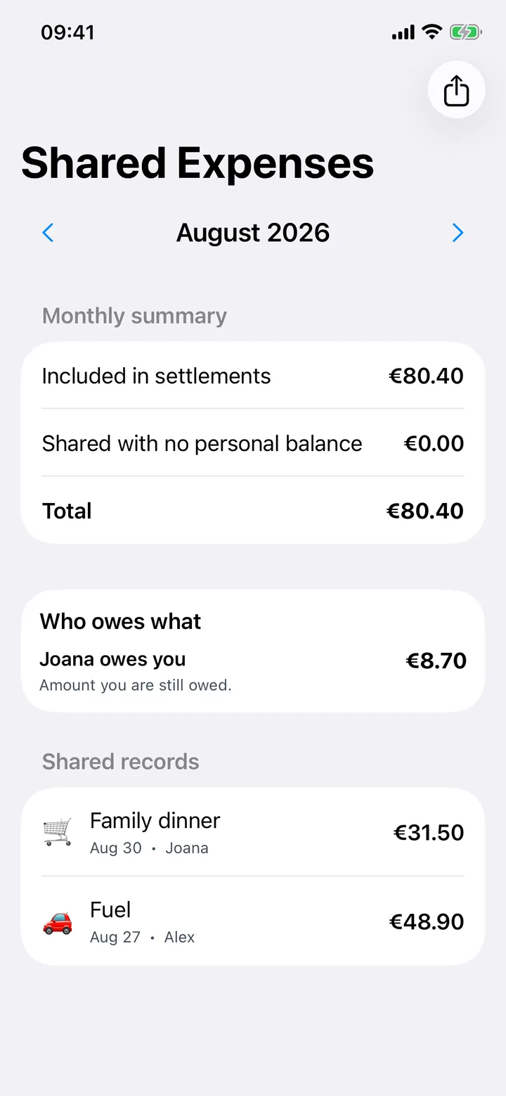 Shared Expenses screen: monthly summary, who owes whom and the family's shared entries.