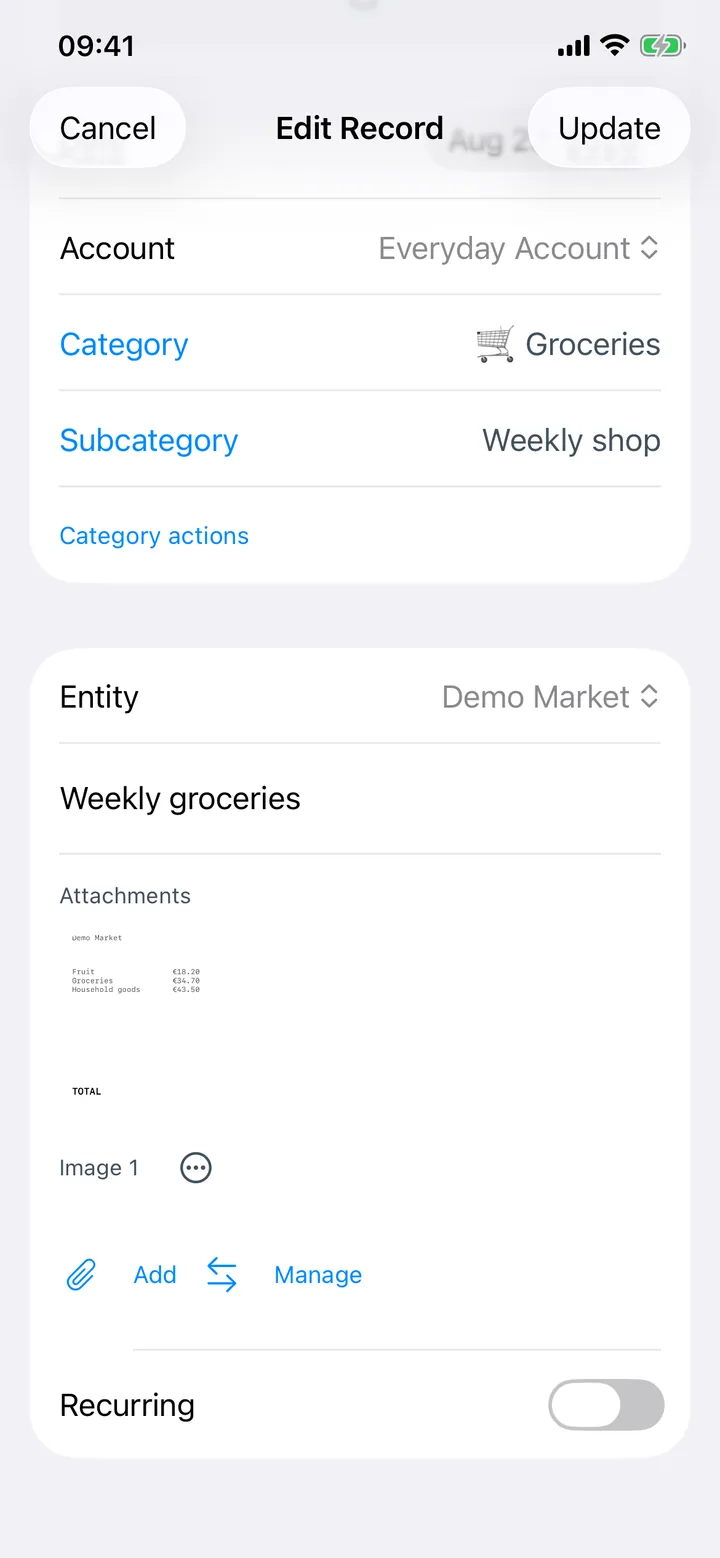 Edit Entry screen with a receipt attached to the transaction.